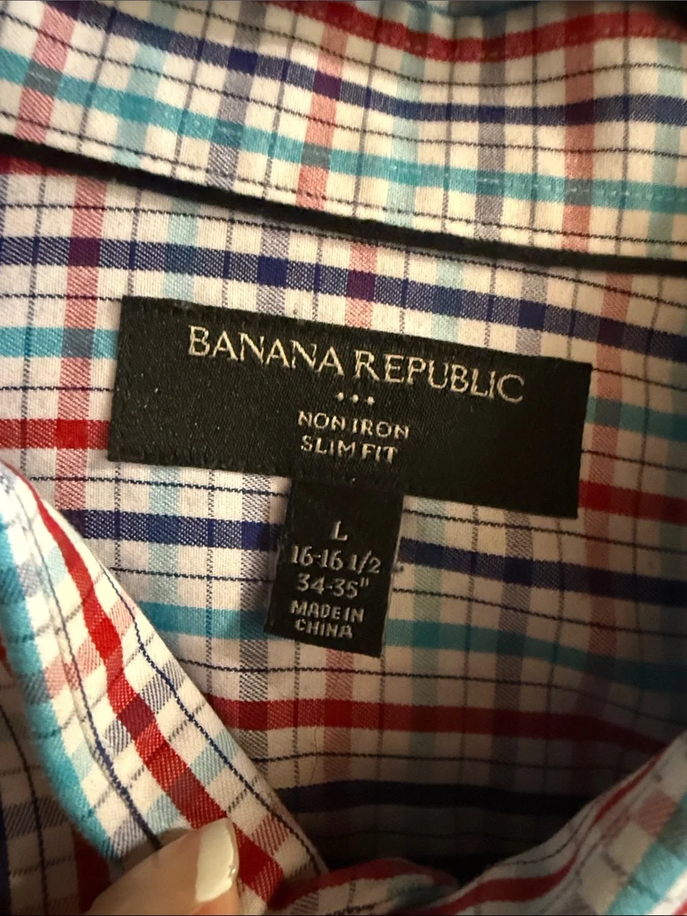 Banana Republic White Plaid Button-Down Shirt with Red & Blue Checks